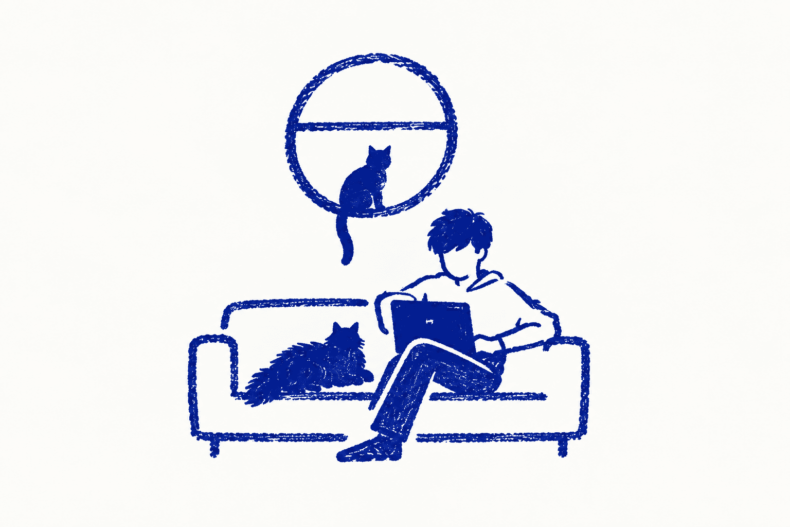 An abstract blue sketch of Nacho on his sofa with a laptop, two cats and a circular window.